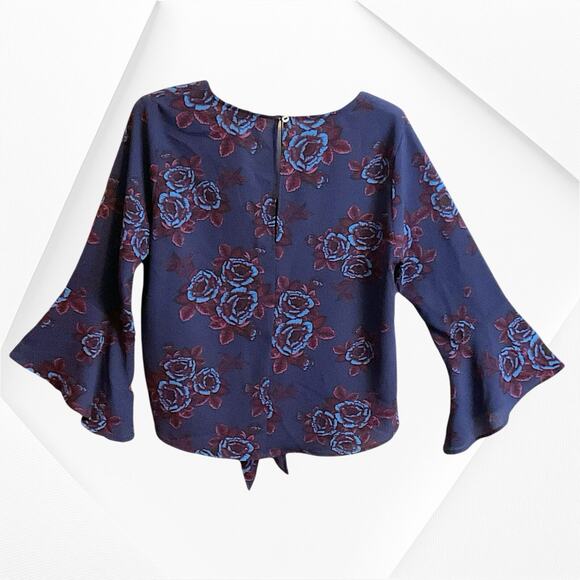 "Veronica M"-Blouse Top Wo men's Size XS Blue Wine Bell Sleeves V-Neck Tie Front - Picture 7 of 13